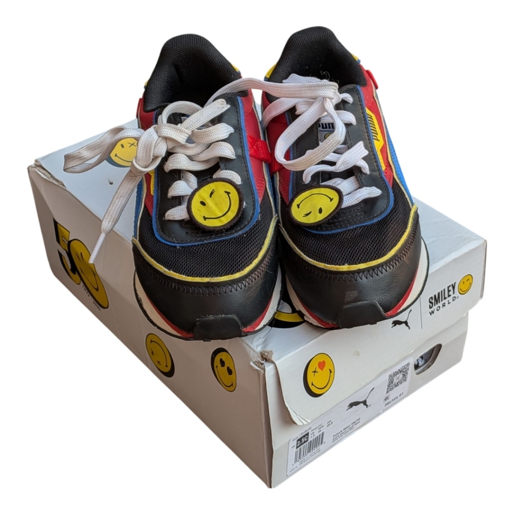Puma Future Rider SW PS Smileyworld Kids Sneakers Size 2.5C Black Blue Toddler